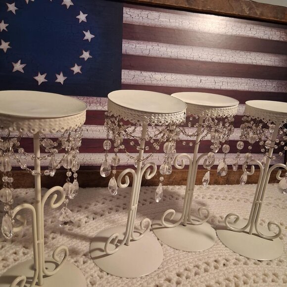 CANDLE HOLDERS--METAL WHITE/DECOR 9.5" high. (set of 4) - Picture 1 of 7